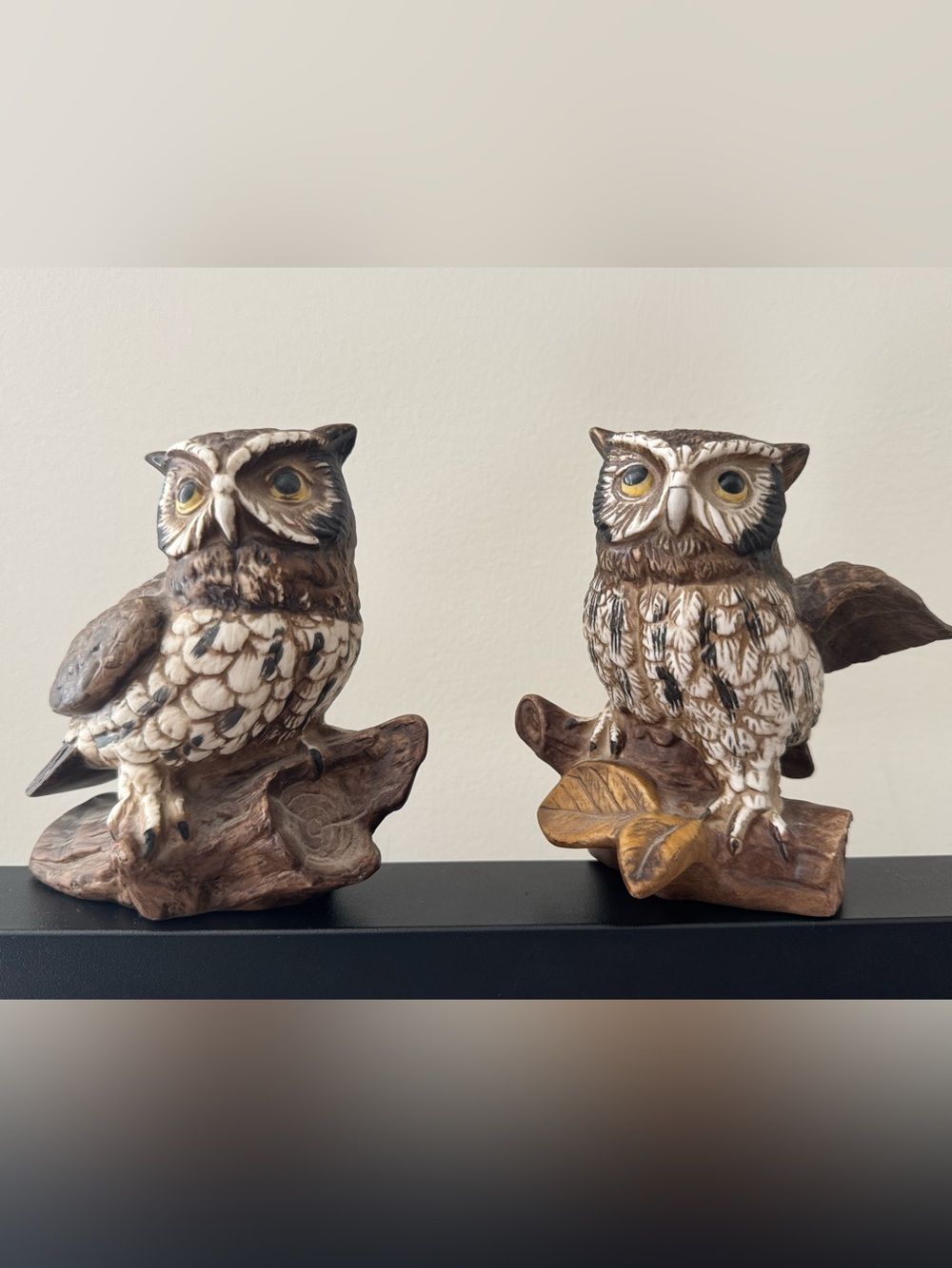 Vintage Homco pair of Owl Figurines #1114 Brown Bisque Porcelain Ceramic